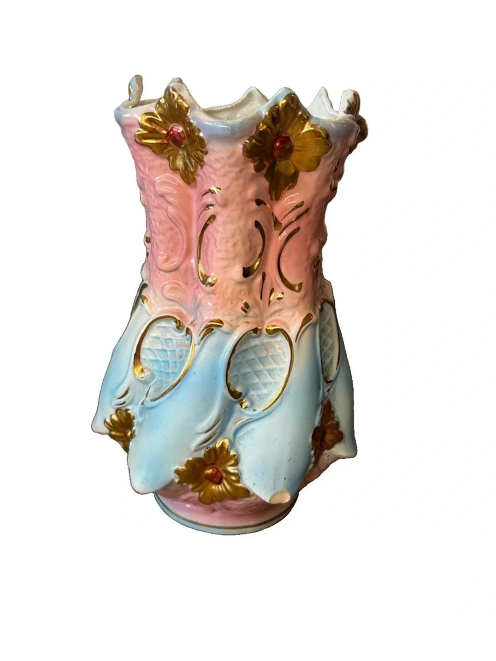 Vintage Italian Hand Painted Ceramic Vase Pink Blue Gold Gilt 12.5”